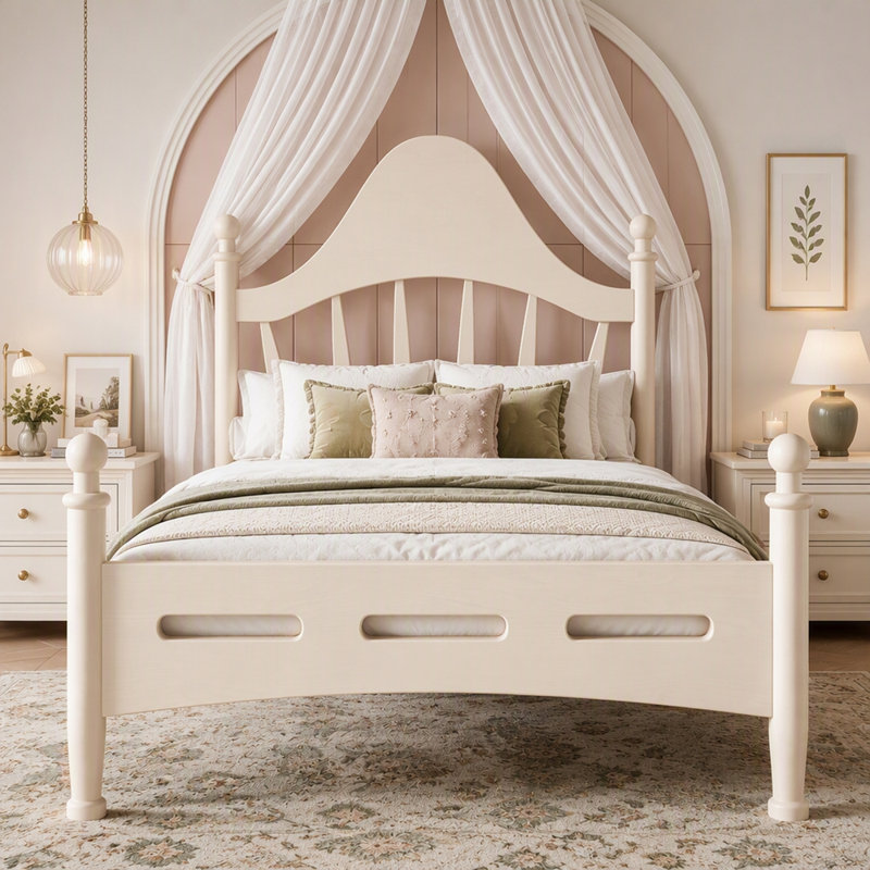 Base de lit plateforme en bois avec tête de lit Chic, Twin, Beige