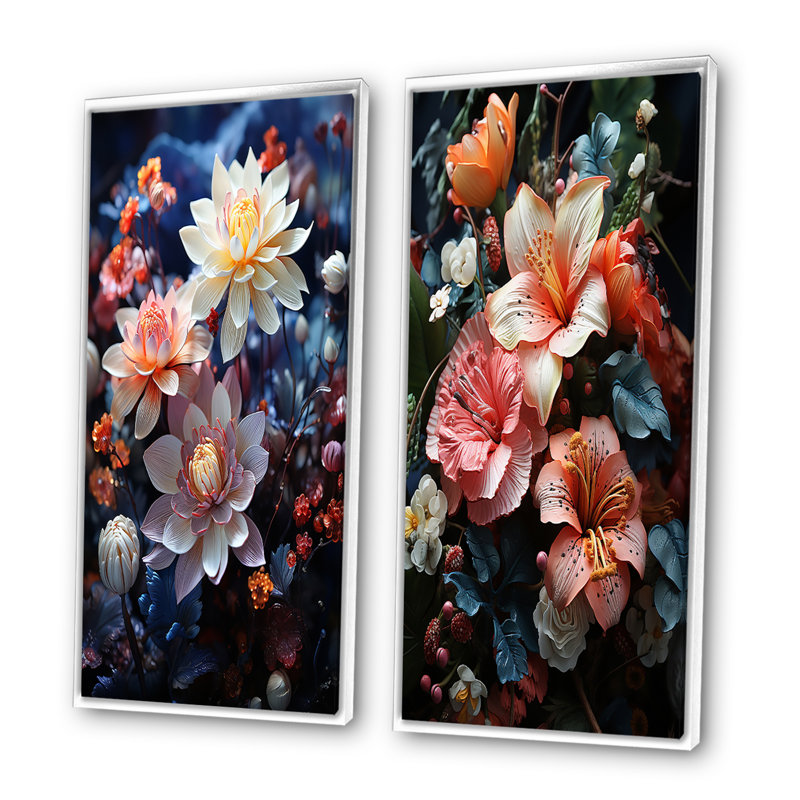 «Pink Blue Meadow Wildflower», 2 pièces sur toile, Cadre blanc, H 40 po x l 40 po