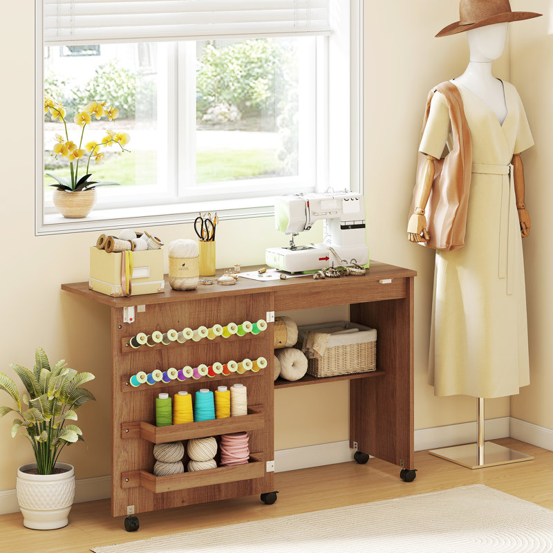 Table de couture pliante, table de bricolage avec rangement, brun