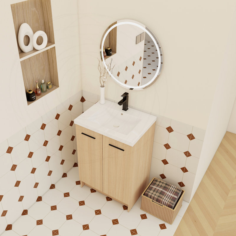 Meuble-lavabo autoportant de 24 po avec lavabo en résine, chêne clair
