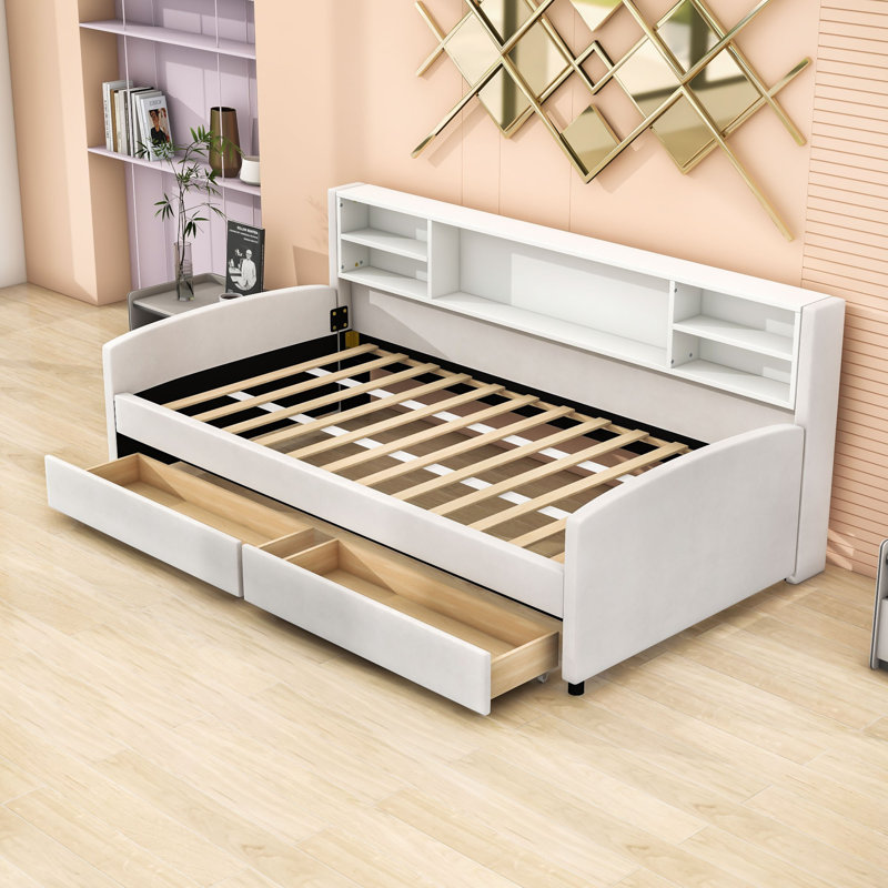 Twin Upholstered Platform Bed with Storage Shelves and 2 Drawers, Beige