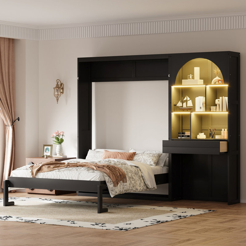 Lit plateforme Murphy avec armoire latérale, DEL et un tiroir, Noir