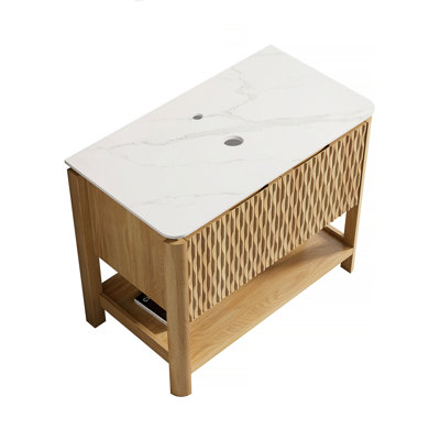 36'' Freestanding Cabinet With 2 Doors&Open Shelf, Carrara White Sintered Stone Top, NO Basin, NO Faucet And Drain, Brown Oak Woodgrain Color