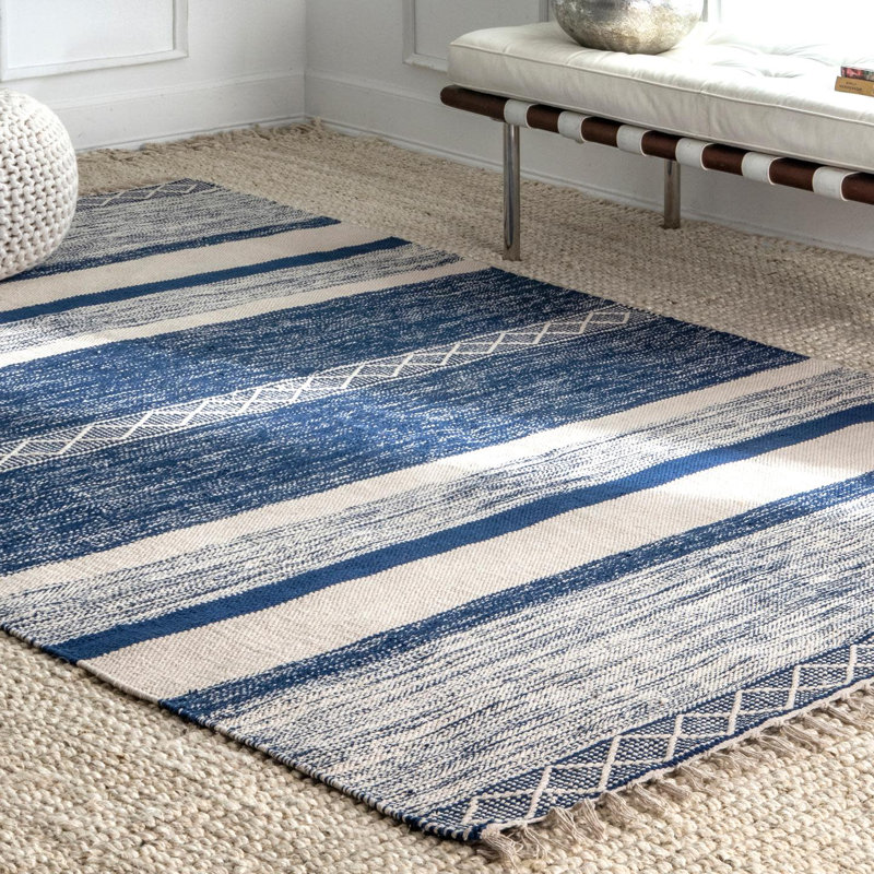 Tapis bleu rayé noué à la main Lofland, Rectangle 7 pi 6 po x 9 pi 6 po