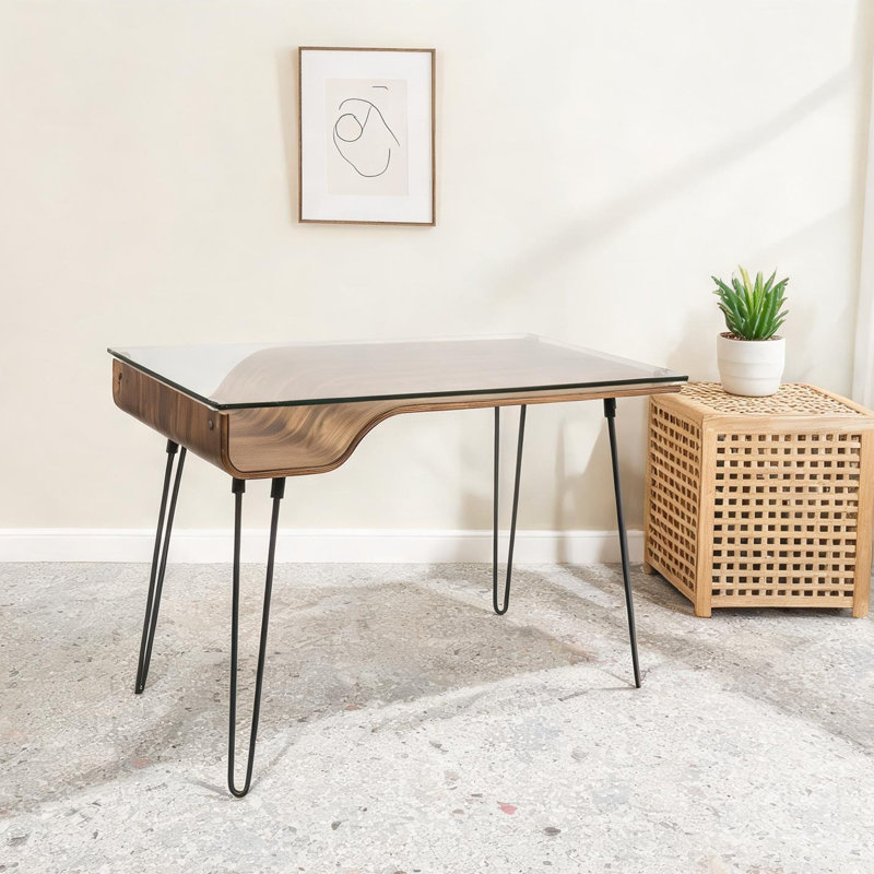 Bureau d'écriture classique brun avec plateau en verre trempé et pieds en épingle à cheveux pour petits espaces, design moderne Mid-Century