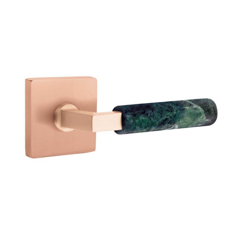 Ensemble de leviers d'intimité Emtek Select, rosette carrée, tige carrée en L, poignée en marbre vert, CF, Or rose satiné