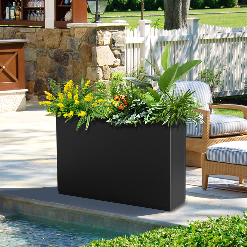 Boîte à fleurs en métal - Grande boîte à fleurs avec trous de drainage pour l'extérieur, Noir, H 25,6 po x l 35,4 po x P 9 po