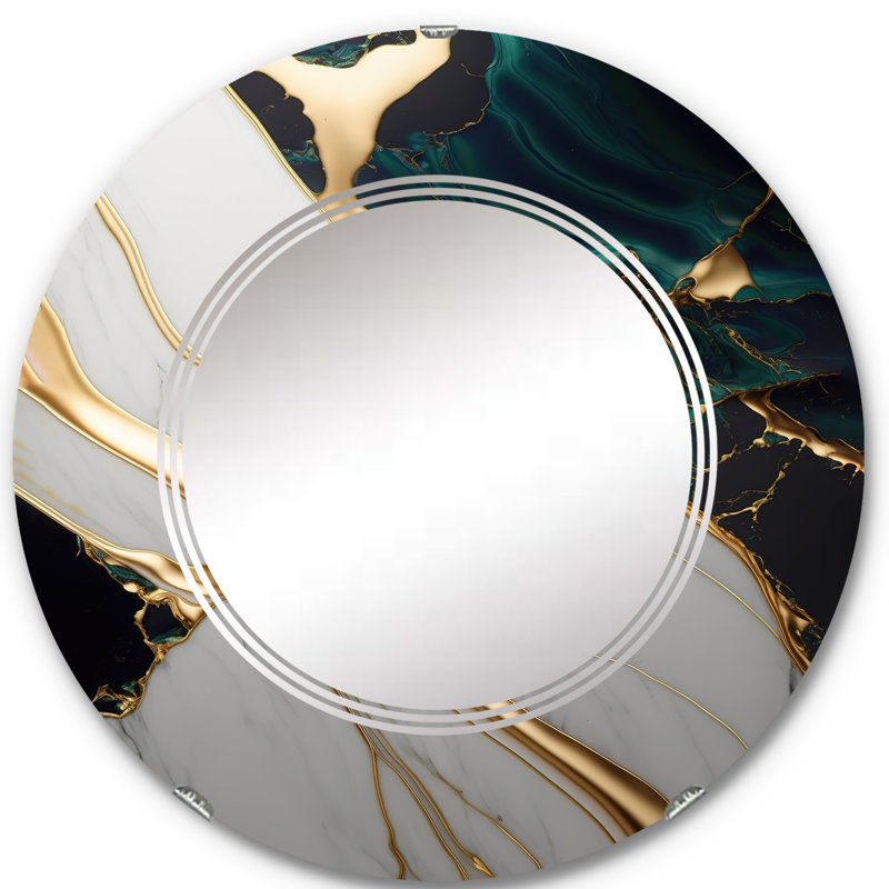 Pien - Géode abstraite en marbre doré et vert II - miroir mural abstrait en marbre, 24 po x 24 po