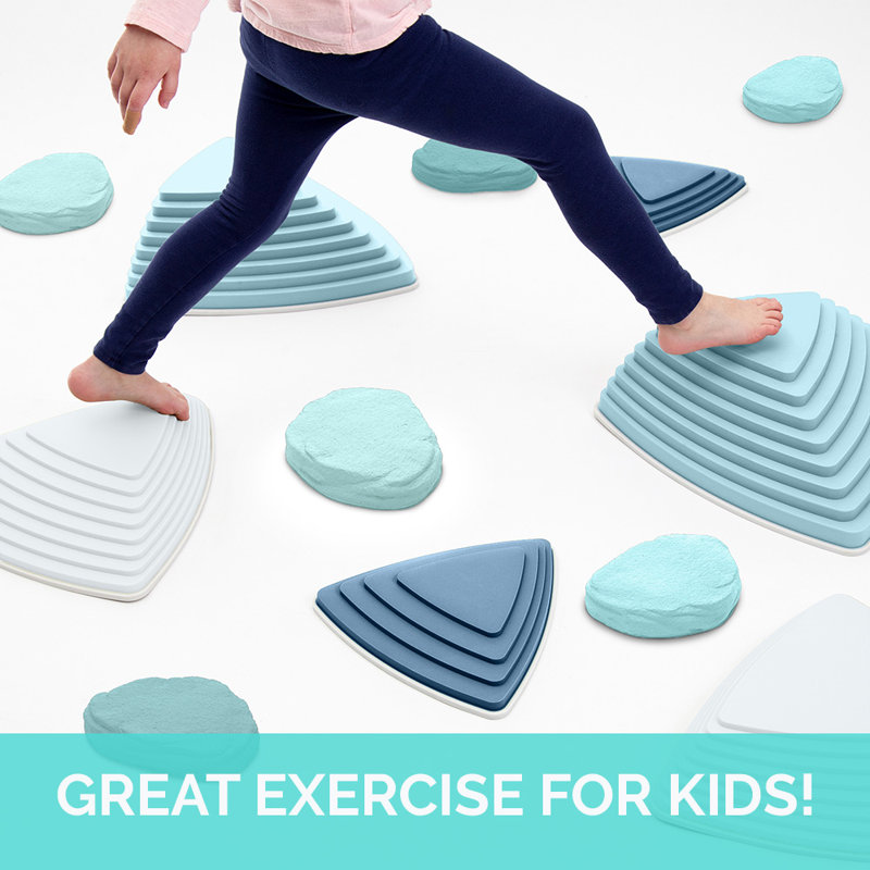 JumpOff Jo - Rocksteady Plus - Blocs améliorant l'équilibre et la coordination et pierres en mousse, jouets sensoriels pour enfants - parcours d'obstacles intérieur et extérieur, ensemble de 12 pièces - bleu Iceberg
