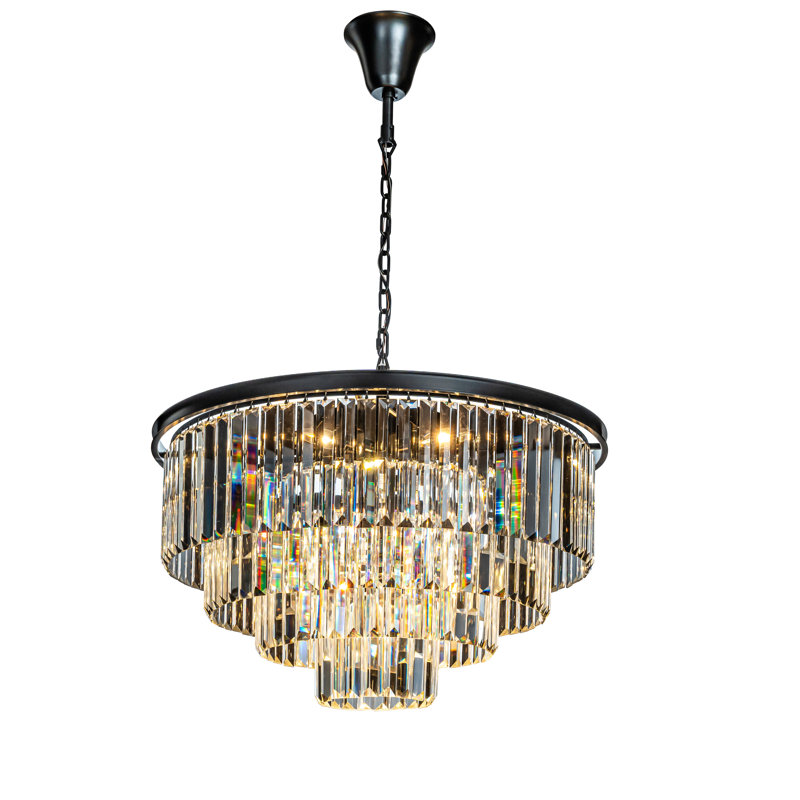 Caoihme 8-Lights 32inch Modern Luxury Round Fringe Tiered Crystal Chandelier, Black, Clear