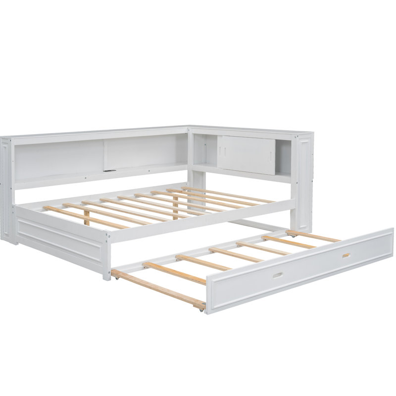 Lit de jour blanc avec généreux espaces de rangement, Plug, Led et Lit gigogne, Blanc