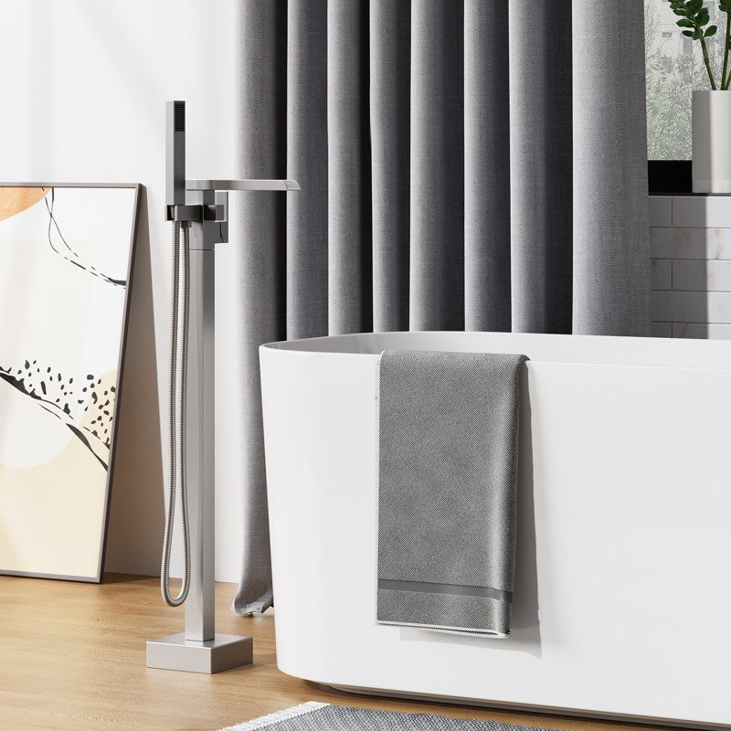 Robinet de baignoire avec douche à main, robinet de baignoire fixé au sol avec robinet mélangeur haut débit, système de robinet de douche sur pied, robinet carré à cascade avec placage chromé FF018