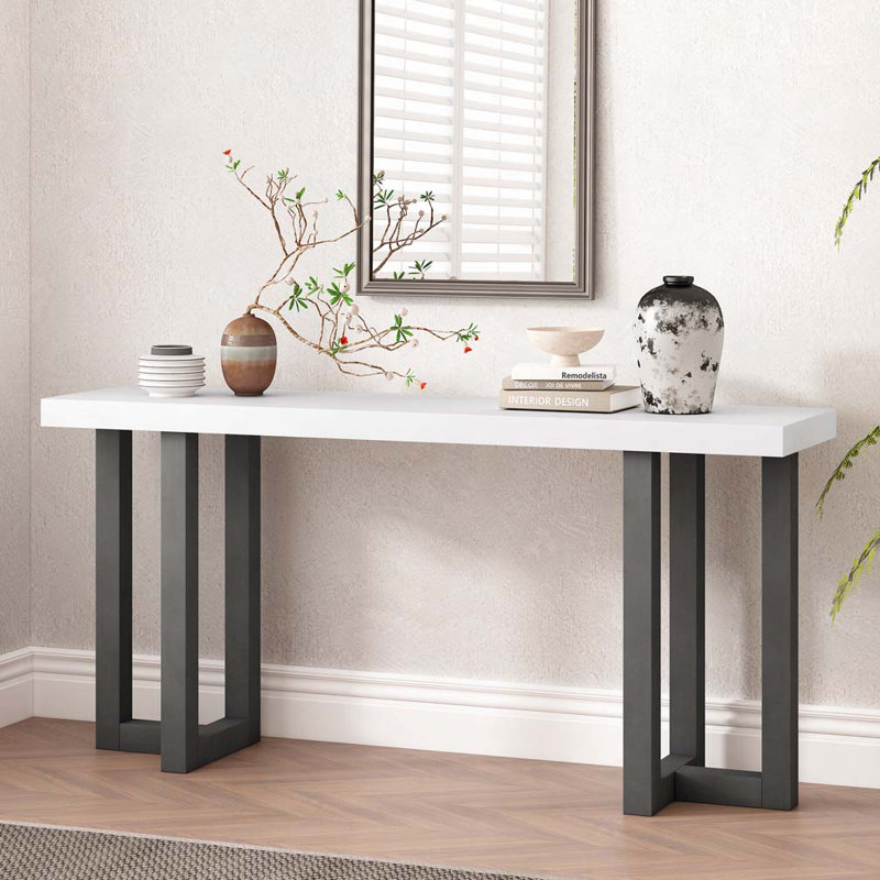 Console moderne avec motif géométrique et pieds en bois, Blanc