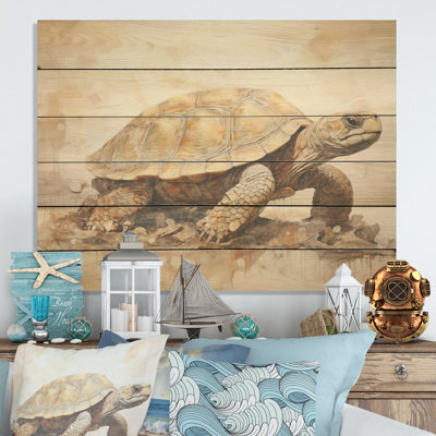 Minimalism Turtle Adventure - Turtle Wood Panel Wall Art On Natural Pine Wood