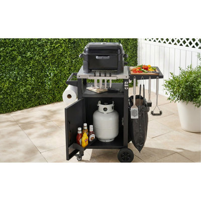 Chariot de gril 33,9 po avec abattant, four à pizza en métal avec roulettes, plateau en acier inoxydable, îlot de cuisine extérieur avec armoire de rangement et support à épices et à papier pour barbecue, Waterpr