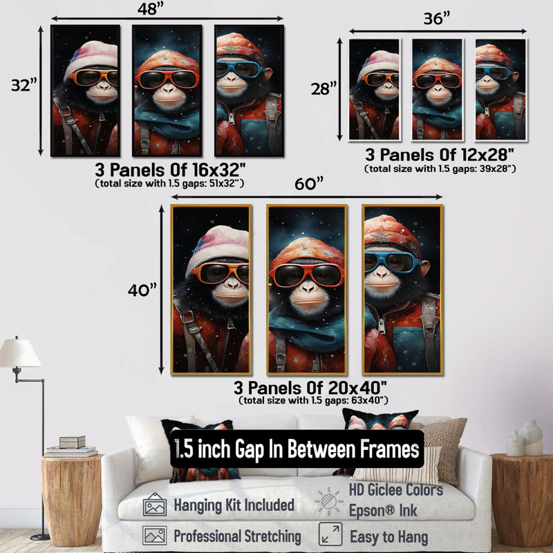 Pop Art Monkeys At The North Pole - Art mural singe, Cadre flottant doré, H 40 po x l 61 po