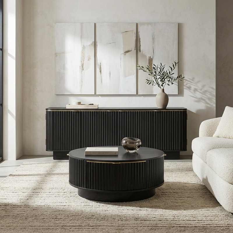 Ensemble de meuble télé et de table basse de salon 2 pièces, pour téléviseur de 70 po ou moins, console média cannelée et table de rangement ronde de style campagne moderne