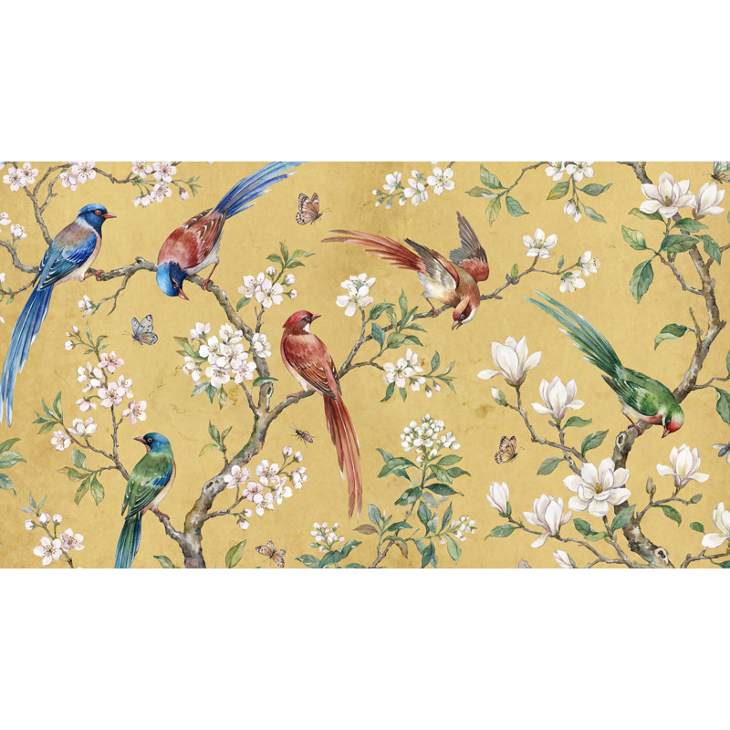Papier peint floral avec oiseaux, 100 po x 96 po, Non tissé non collé