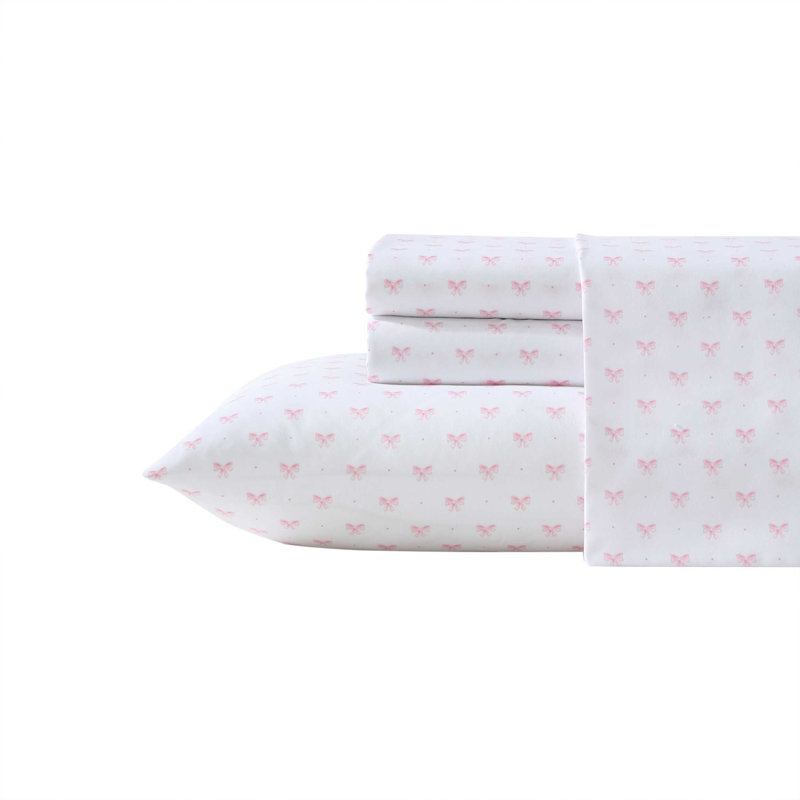 Laura Ashley Kids Cozy Printed Sheet Sets, Full Sheet Set with 2 Pillowcases, Lovely Bows Pink