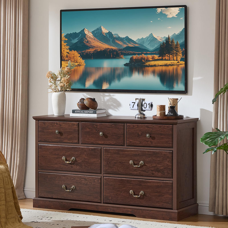 Farmhouse 7 Drawer Dresser for Bedroom,54" Wide Wood Rustic Chest of Drawers,Farmhouse Chest of Drawers for Bedroom,Wood Drawer Organizer for Bedroom,Hallway (Walnut)