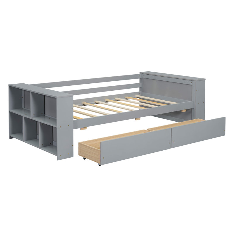 Lit de jour avec tablettes et tiroirs, Gris