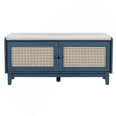 Boho Rattan Entryway Bench With Storage, Cushioned Shoe Bench With Double Doors, Wooden Shoe Organizer Bench For Entryway And Hallway