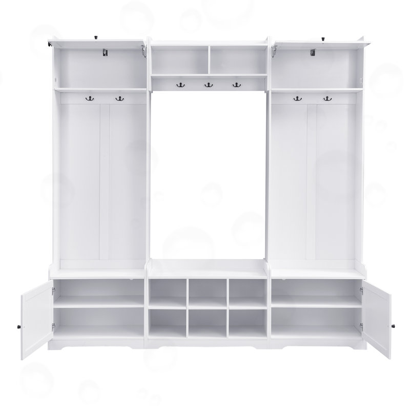 Hall Tree with 8 Cubbies, 7 Coat Hooks and Adjustable Shelf, White