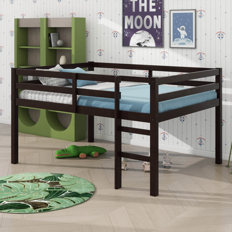 Full Size Bed Frame Compact Rubberwood Loft Bed With Steps, Espresso