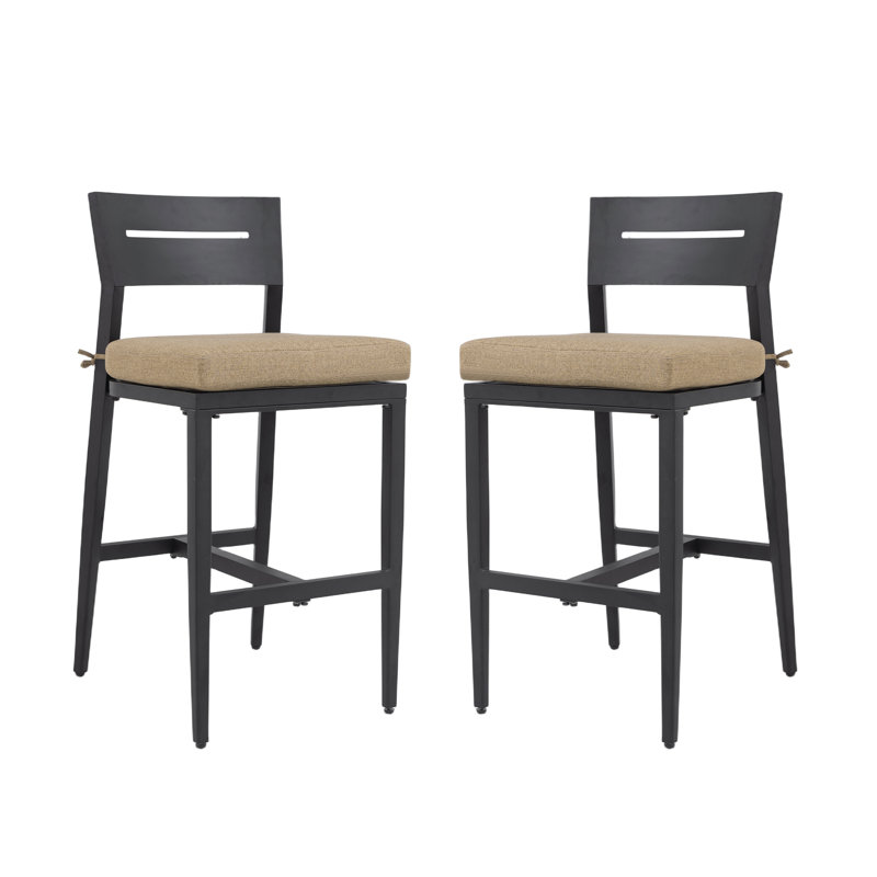 Tabourets de bar d'extérieur modernes de 2 pièces, chaise de bar de patio en aluminium avec dossier ergonomique, pieds fuselés, repose-pieds, noir Ember, coussin Sunbrella, résistant aux intempéries, pour jardin, bord de piscine et îlot de cuisine