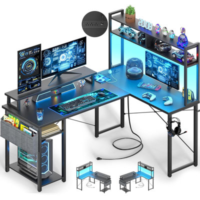 Petit bureau de jeu en forme de L réversible avec lumières DEL, prises de courant, support pour écran et tablette de rangement, bureau d'ordinateur de coin avec sac de rangement pour bureau à domicile, noir
