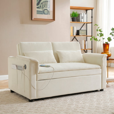 55" Velvet Two Seater Pull Out Sofa Bed, Adjustable Backrest With  Usb Ports, Two Side Pockets, 3 In 1 Convertible Sleeper Sofa Bed, Modern Love Seat Lounge,2 Waist Pillows For Living Rooms
