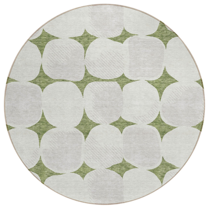 Tapis extérieur rond lavable abstrait vert et beige 8 pi