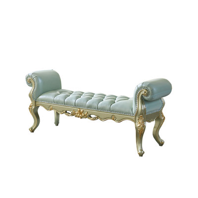 European Style All Solid Wood Carving Bench Genuine Leather Upholstered Bench