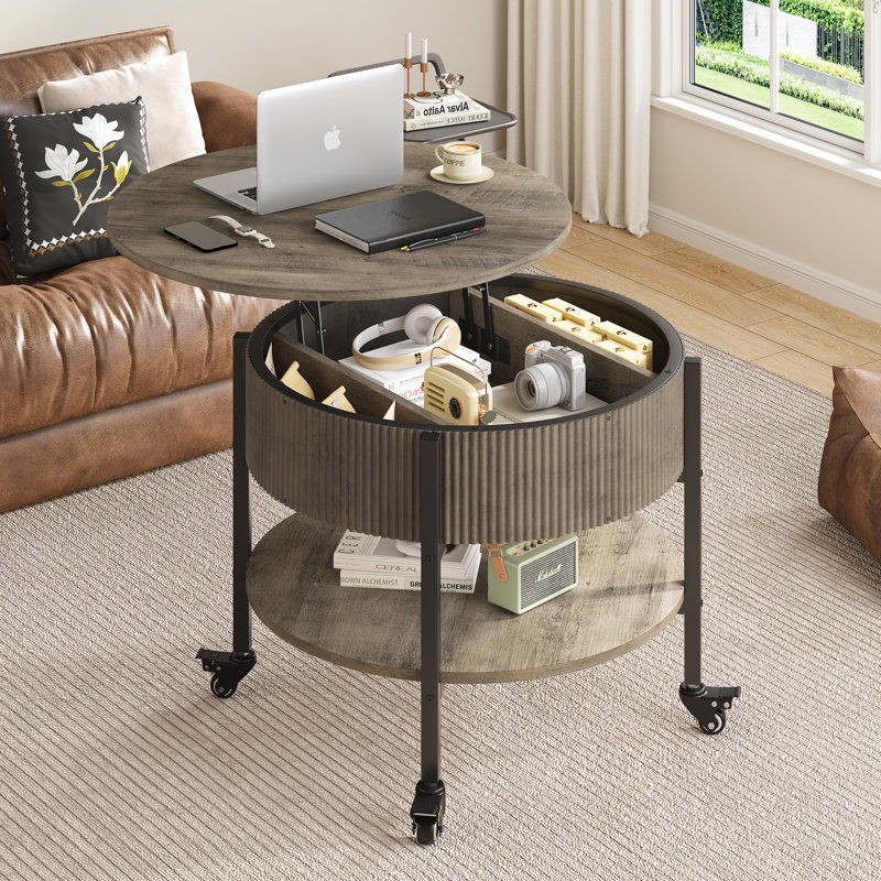 Round Coffee Table With Wheels, Gray Wood