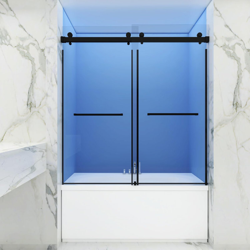 Double Sliding Glass Bathtub Shower Door 56-60"Wx66"H,Tempered Glass,Easy-Clean Coating, Brushed&Polished Finish,Smooth Buffering Mechanism