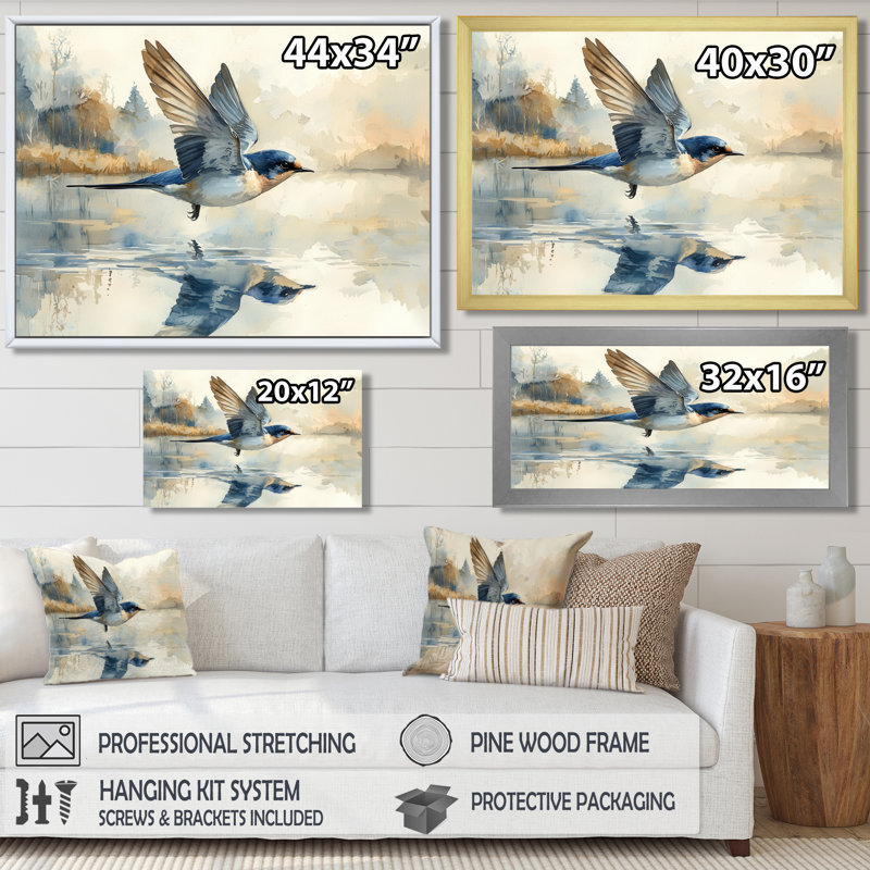 Oiseau hirondelle écumant l'eau - art mural oiseau pour le salon, H 30 po x l 40 po, Cadre flottant, Noir