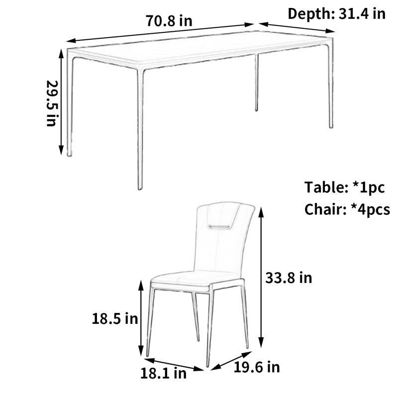 Table et chaise de salle à manger minimaliste classique, H 29,5 po x L 70,8 po x l 31,4 po