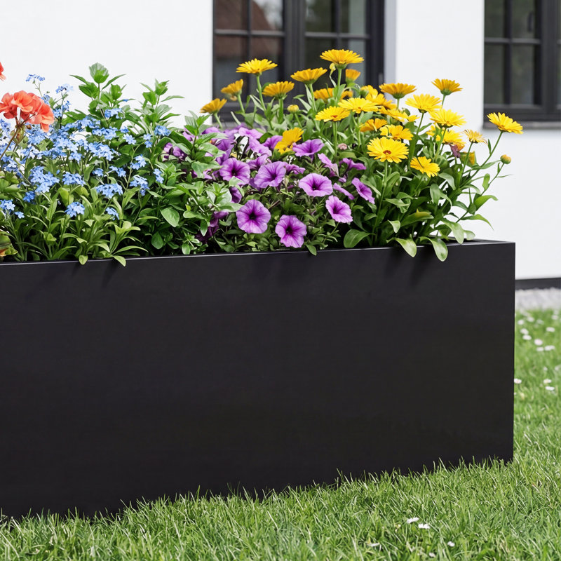 Bliss  16 in. W x 10 in. H Tall Metal Black Rectangular Pot Planter, 16 in. W x 10 in. H