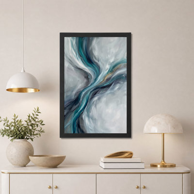 Toile murale abstraite fluide turquoise et grise avec accents dorés