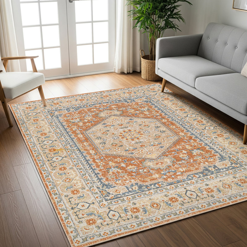 Machine Washable Traditionnal Boho Burnt Orange Area Rug, Rectangle 140 x 200cm