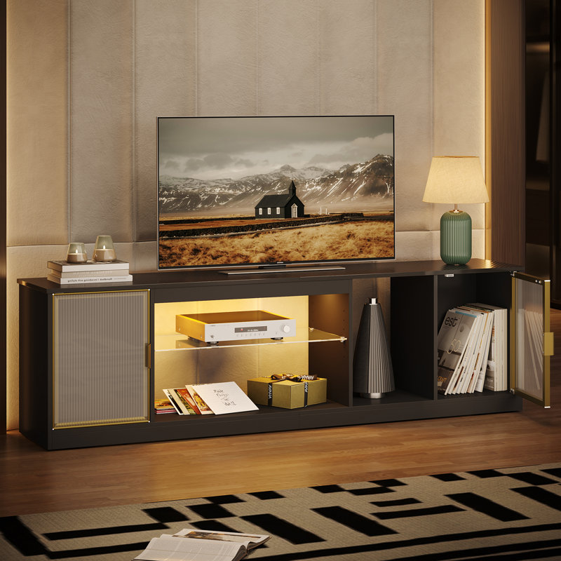 70" Modern Tv Stand For Tvs Up To 80 Inch With Led, Adjustable Shelf & Translucent Doors, Black