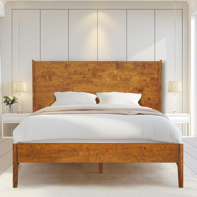 Haven Queen Solid Wood Bed Frame with Headboard, Caramel Finish Scandinavian Platform Bed All Mattress Support, 800 lbs Capacity, 5 Years Warranty