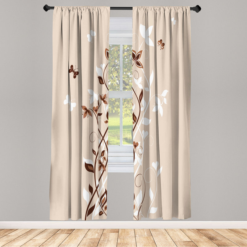 Microfiber Floral Semi-Sheer Rod Pocket Curtain Panels, 28" W x 63" L, White/Dark Brown/Light Gray