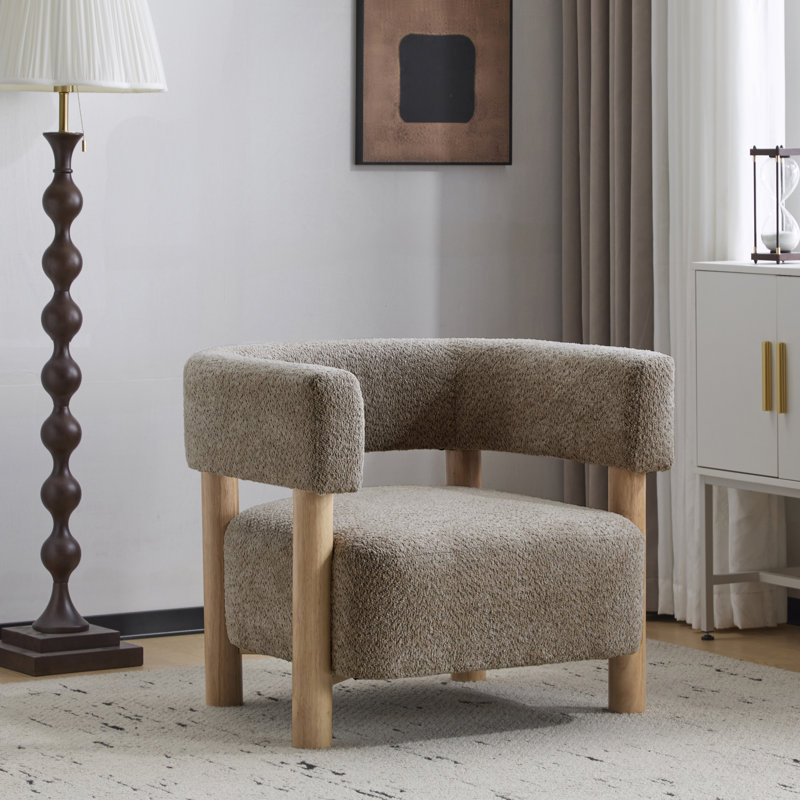 Lejon Boucle Upholstered Accent Chair With Rubberwood Legs, Light Camel, Natural Wood