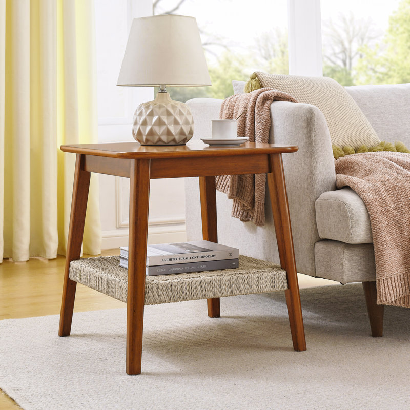 Table d'appoint de style Mid-Century 23 "avec tablette tissée, table d'appoint avec rangement Boho, tables de chevet, petite table d'appoint