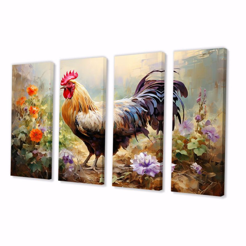 Red Melody Rooster S Flower Gardens - Rooster, ensemble de 4 pièces d'art mural, H 32 po x l 64 po