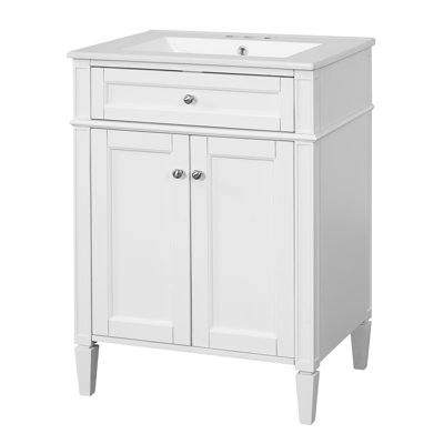 Meuble-lavabo de 24 po, lavabo en céramique, pieds solides, charnières et tablette réglable pour salle de bain 24 po avec solutions de rangement intelligentes, esthétique élégante à fermeture en douceur