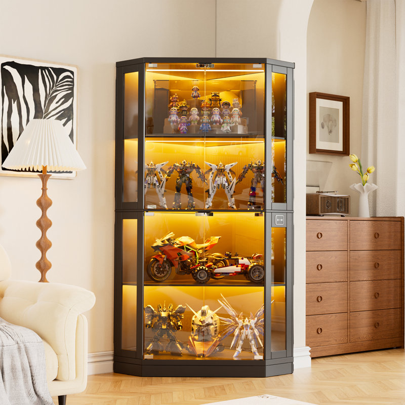 Vitrine d'angle avec portes en verre Pakasept, vitrines d'angle 66,3 po avec lumières à DEL, étagère de présentation à 4 niveaux 