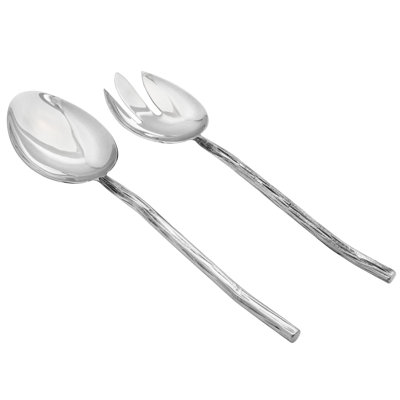 Elyon Twig Reflective Silver Salad Serving Set Indian Artisan Made Hostess Set Hand Forged Stainless Steel 2 Pieces