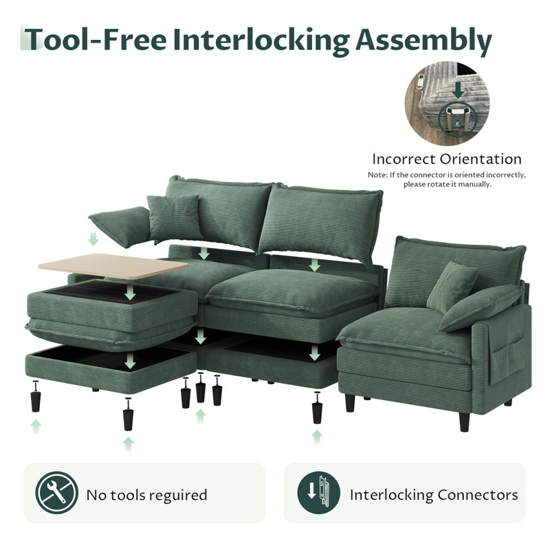 108'' Comfy  L Shaped Sectional Modular Cloud Sofa with Ottoman, Tool-free Easy Assembly Corduroy Couch, Green
